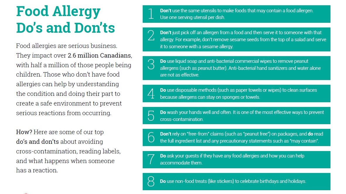 Information sheet titled "Food Allergy Do's and Don'ts"