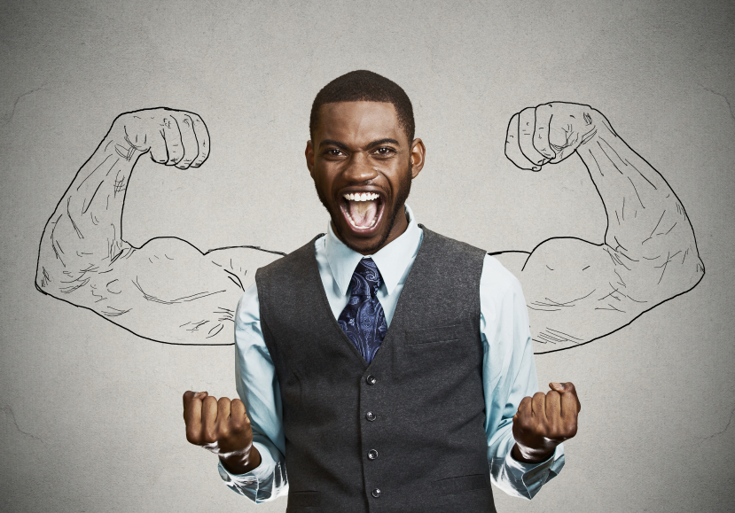 Closeup portrait happy successful student, business man winning, fists pumped celebrating success isolated grey wall background. Positive human emotion facial expression. Life perception, achievement