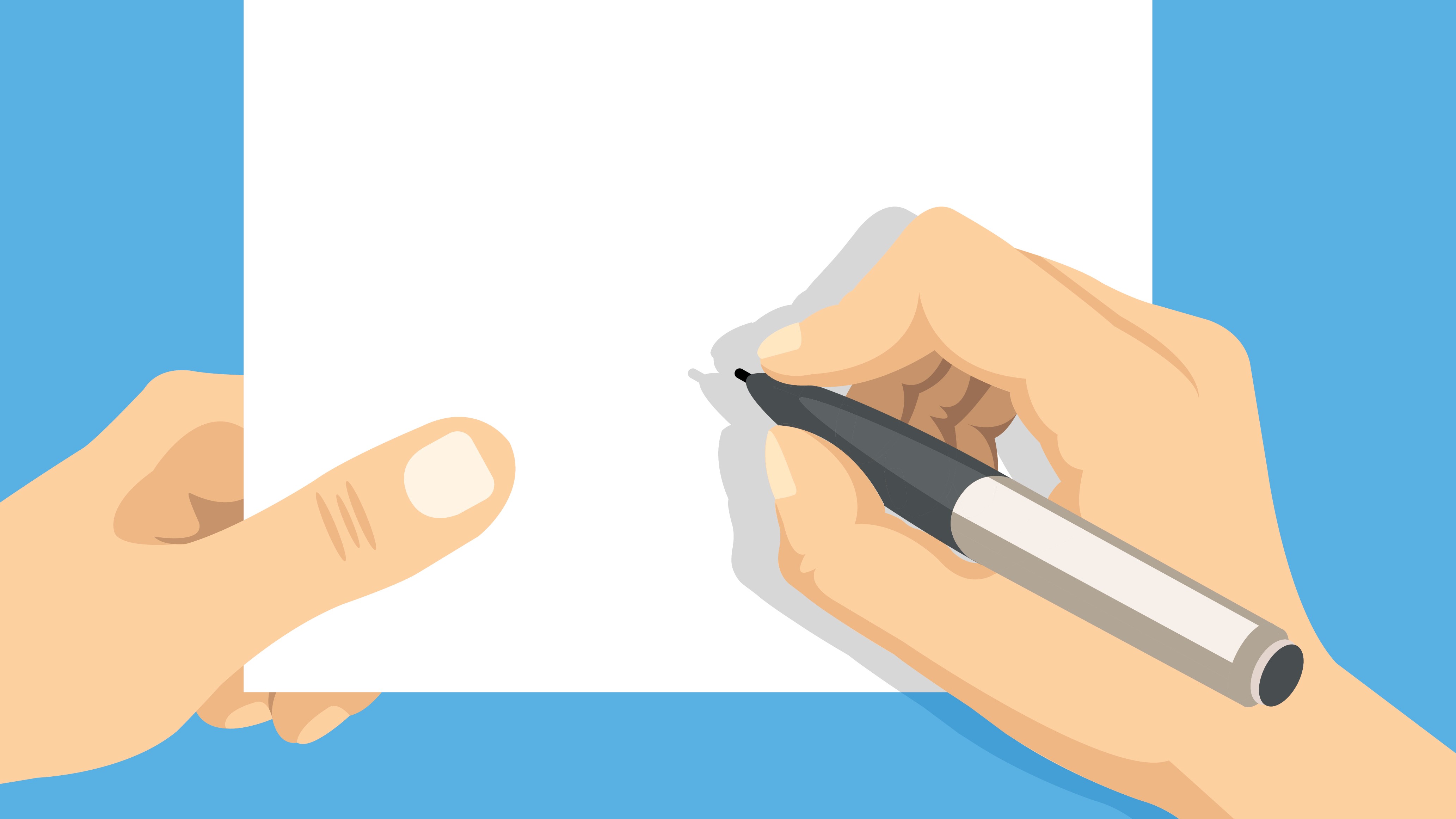 Hand holding blank sheet of paper and hand with pen. Modern flat design vector illustration