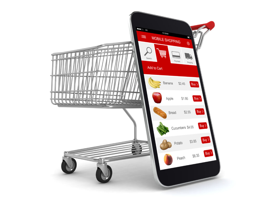 E-commerce internet shopping cart mobile phone app online supermarket