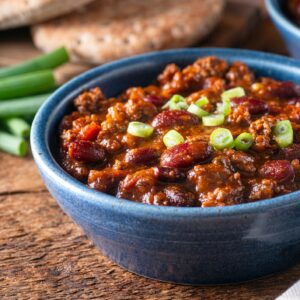 Delicious homemade beef chili con carne with green onion garnish.