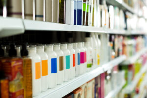 Cosmetic section with conditioners, shampoo and hair treatment in store
