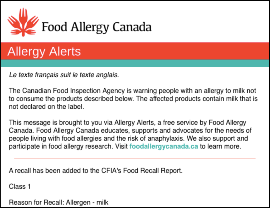 Our recall notice via Allergy Alerts.