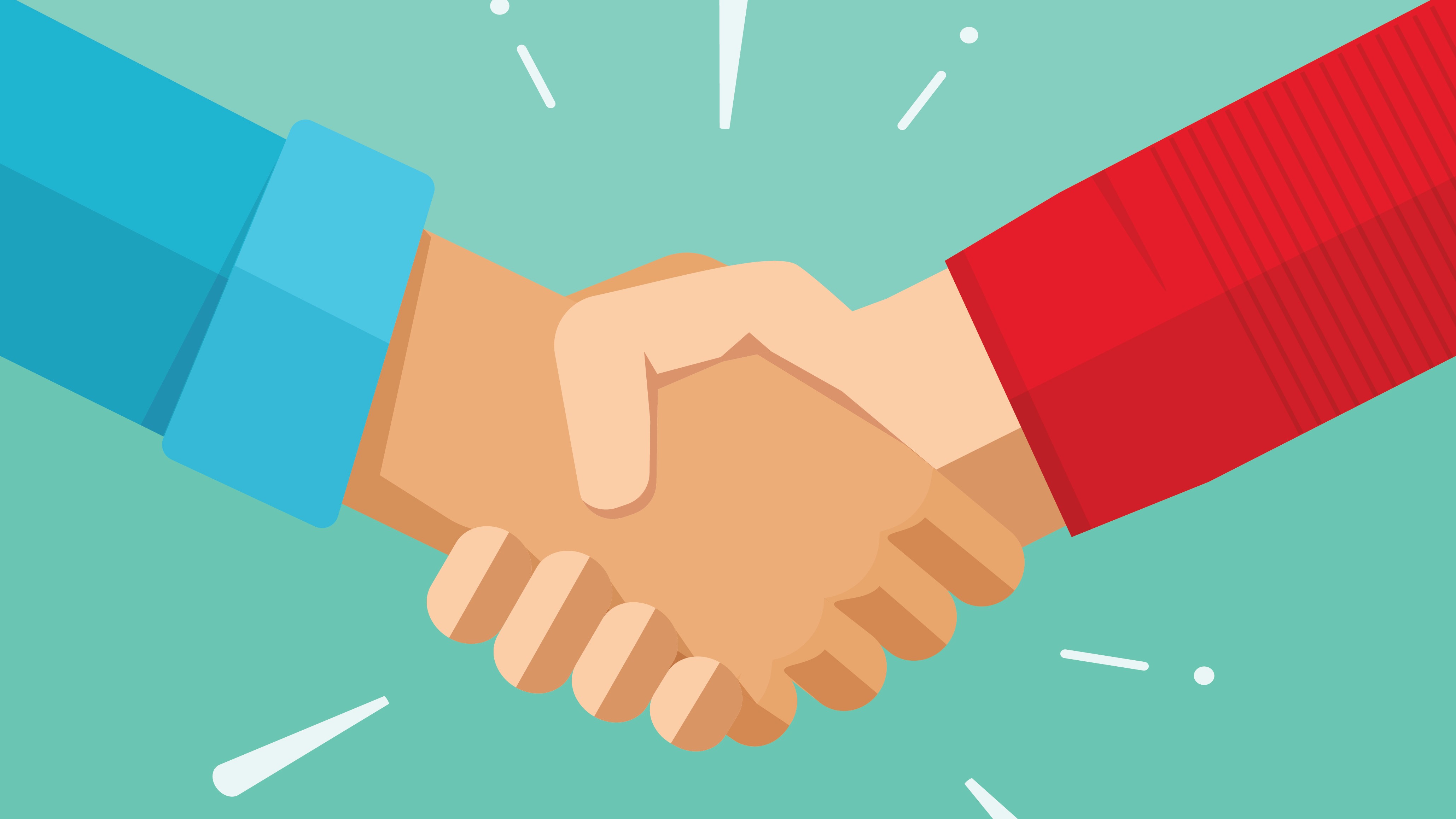 Shaking hands vector illustration, agreement deal handshake, partnership friendship congratulations