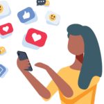Young african-american woman using a smartphone with many social media heart like icons. Woman getting likes in social network.