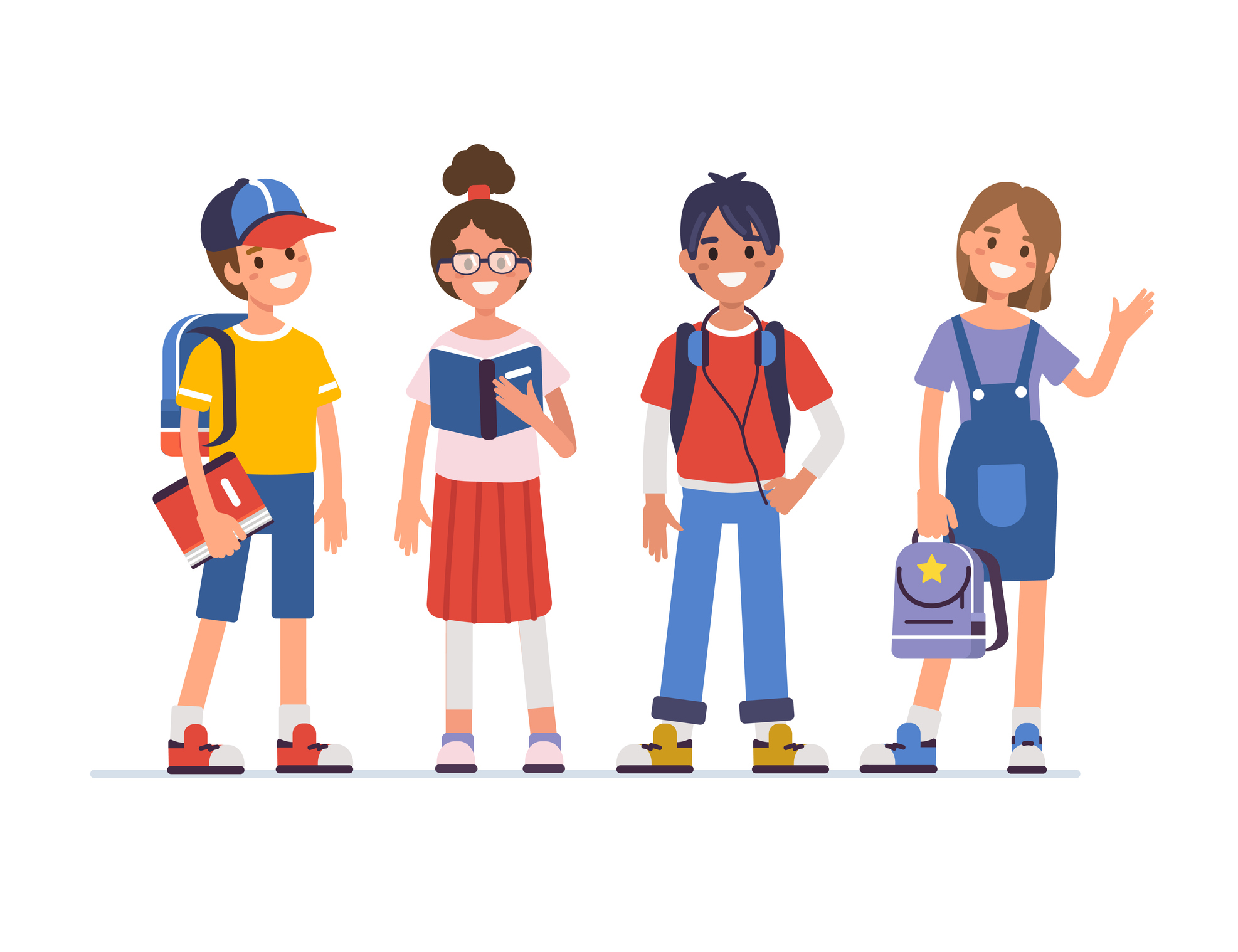 School kids standing together. Flat cartoon style vector illustration isolated on white background.